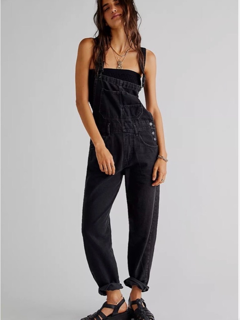 We The Free Black Ziggy Denim Overalls in Mineral - Relaxed Straight Leg